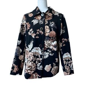 Dennis Basso Black Jacket Brown Floral Lined Pockets Size 10
